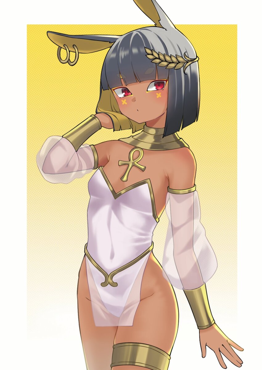 1girl ancient_egyptian ancient_egyptian_clothes animal_ears ankh black_hair blonde_hair blush breasts colored_inner_hair dark-skinned_female dark_skin detached_sleeves ear_piercing facial_mark hair_ornament highleg highleg_leotard highres juni_(hetarej) leotard multicolored_hair nontraditional_playboy_bunny original piercing rabbit_ears red_eyes see-through_clothes see-through_sleeves short_hair small_breasts solo thigh_strap two-tone_hair usekh_collar white_leotard