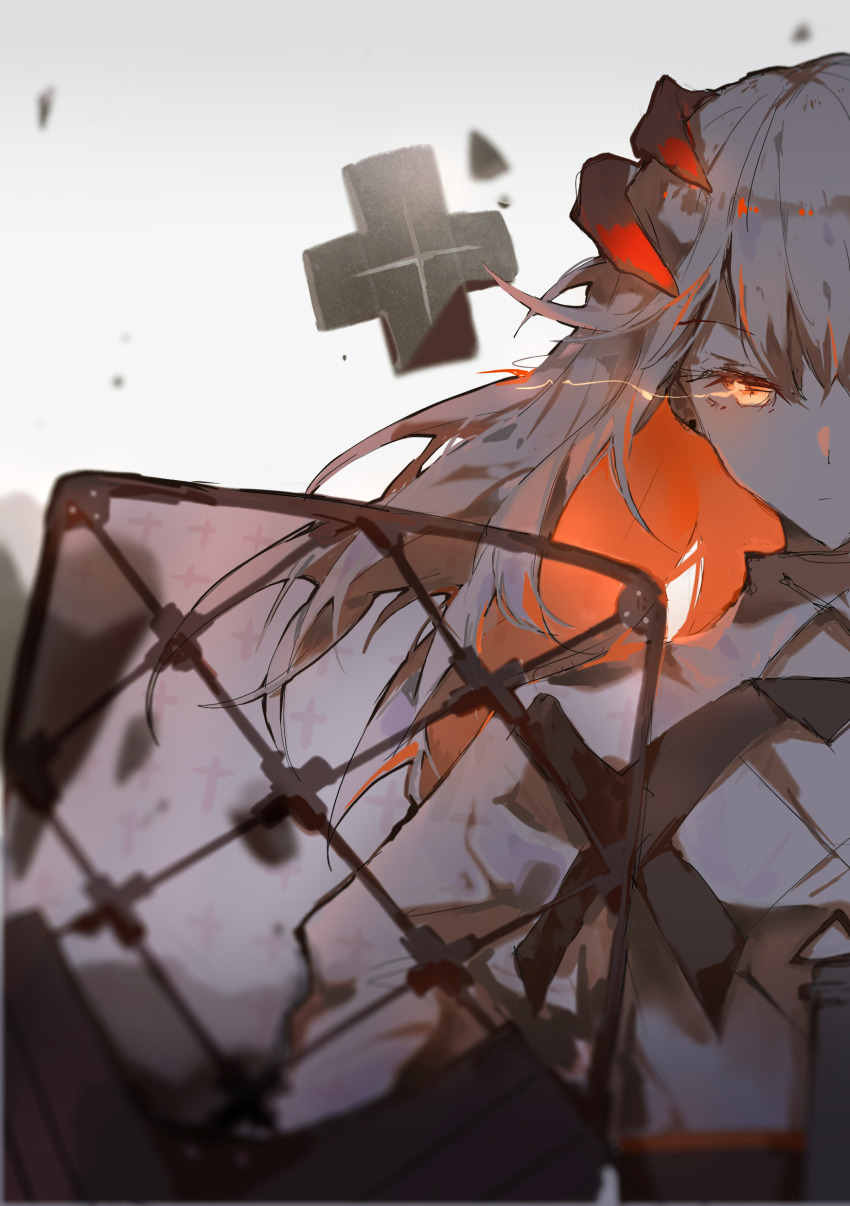 1girl absurdres arknights black_horns closed_mouth colored_inner_hair cross debris determined dinned dragon_horns flaming_eye floating_hair hair_between_eyes highres horns long_hair long_sleeves looking_at_viewer multicolored_hair orange_eyes orange_hair saria_(arknights) shield shirt solo straight-on upper_body white_background white_hair white_shirt