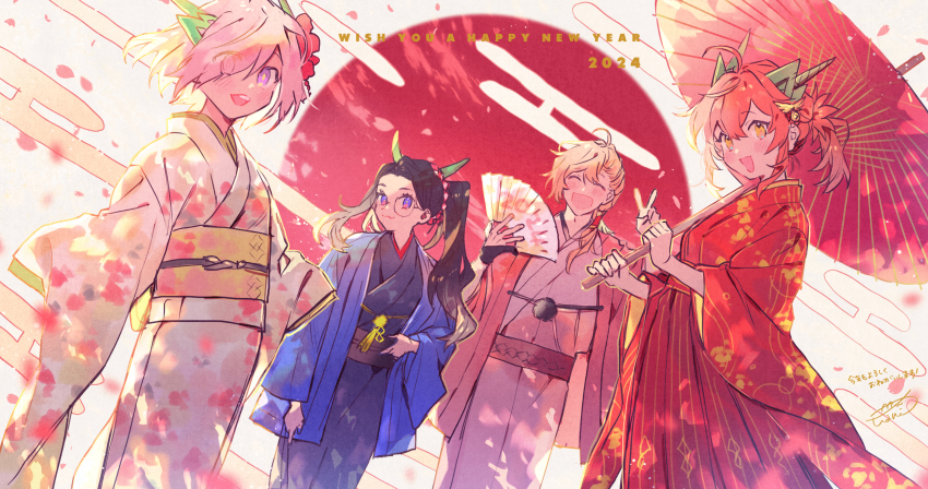 1boy 3girls ahoge animal_ears black_hair black_kimono blue_kimono closed_eyes dragon_ears dragon_horns english_text fake_animal_ears fate/grand_order fate_(series) floral_print floral_print_kimono flower folding_fan forehead fujimaru_ritsuka_(female) glasses hair_flower hair_ornament hair_over_one_eye hakama hakama_skirt hand_fan haori highres holding holding_fan holding_umbrella horns japanese_clothes kimono leonardo_da_vinci_(fate) long_hair looking_at_viewer low_ponytail mash_kyrielight multiple_girls obi oil-paper_umbrella open_mouth orange_eyes orange_hair pink_kimono ponytail print_kimono purple_eyes purple_hair red_hakama red_kimono romani_archaman sash short_hair short_ponytail signature single_sidelock skirt smile umbrella v wani_(mezo) white_kimono wide_sleeves