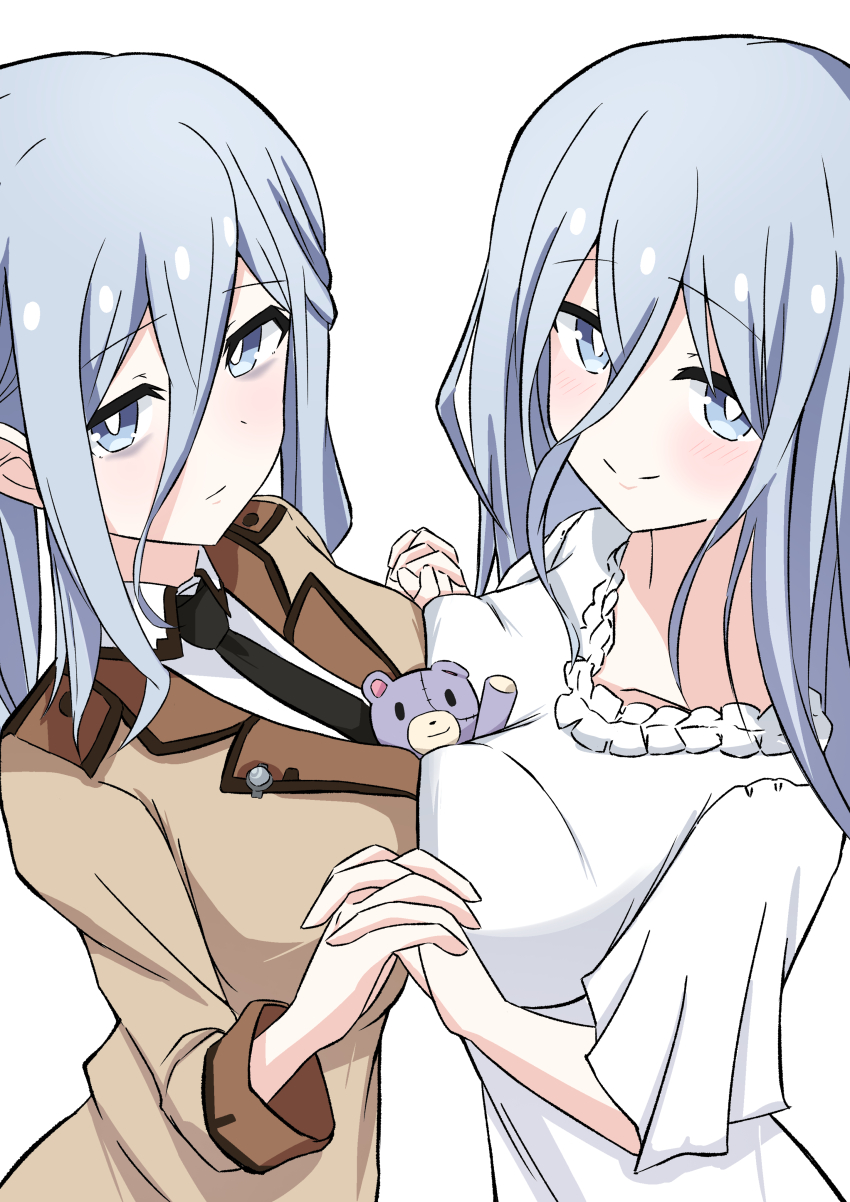2girls absurdres andoryu0625 bags_under_eyes between_breasts black_necktie breast_press breasts brown_jacket date_a_live dress dual_persona grey_eyes grey_hair hair_between_eyes highres holding_hands interlocked_fingers jacket large_breasts long_hair looking_at_viewer multiple_girls murasame_reine necktie shirt sidelocks simple_background three-quarter_sleeves sleeves_rolled_up smile stuffed_animal stuffed_toy symmetrical_docking takamiya_mio teddy_bear white_background white_dress white_shirt