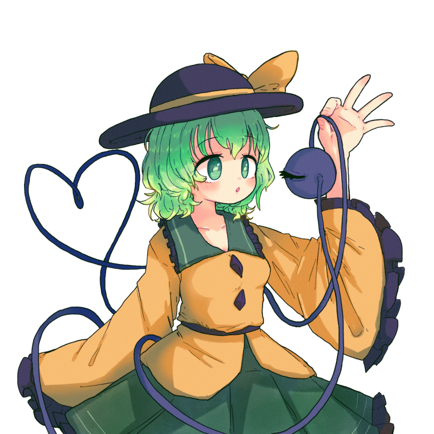 1girl absurdres black_hat blush bow buttons commentary_request cookie_(touhou) cowboy_shot diamond_button frilled_shirt_collar frilled_sleeves frills green_eyes green_hair green_skirt hat hat_bow heart heart_of_string highres komeiji_koishi long_sleeves momomo_(cookie) muimui_(4242564muimui) open_mouth shirt short_hair simple_background skirt solo third_eye touhou white_background yellow_bow yellow_shirt