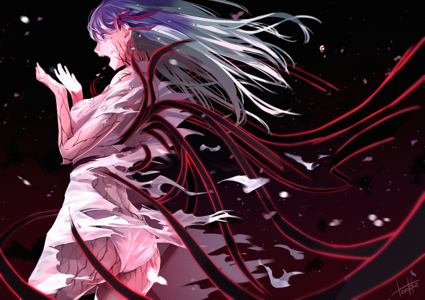 angra_mainyu_(fate) ass bra breasts dark_sakura demon dress fate/stay_night fate_(series) heaven&#039;s_feel highres matou_sakura panties possessed possession purple_eyes purple_hair ribbon torn_clothes torokko underwear white_dress white_hair white_panties