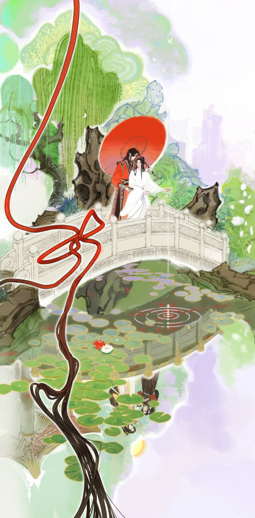 2boys architecture bandage_on_face bandage_over_one_eye bandages black_hair black_hanfu bowl bridge bug butterfly chinese_clothes chinese_commentary different_reflection earrings east_asian_architecture eye_contact eyepatch flower foliage hanfu highres holding holding_bowl holding_umbrella hua_cheng insect jewelry long_hair long_sleeves looking_at_another lotus lotus_leaf multiple_boys oil-paper_umbrella outdoors parted_lips pointy_ears red_flower red_hanfu red_sash red_umbrella reflection reflective_water ripples sash stone_bridge string string_of_fate tianguan_cifu topknot tree umbrella water white_flower white_hanfu white_lotus xiao_guan_(headdress) xie_lian xie_lian_(flower_crowned_martial_god) zhijupao zura00zura