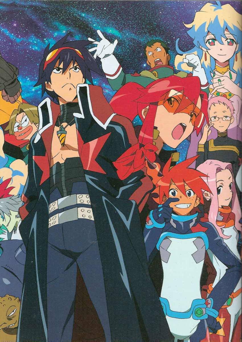 00s 4girls 5boys attenborough_cortitch cybela_kuto cytomander darry_adai dayakka gimmy_adai guame highres multiple_boys multiple_girls nia_teppelin nishigori_atsushi official_art scan simon_(ttgl) space tengen_toppa_gurren_lagann yoko_littner