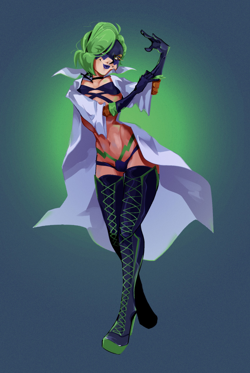 1girl arms_(game) boots bra breasts choker curvy dr._coyle gloves green_eyes green_hair hair_over_one_eye highres hip_bones lab_coat lipstick long_legs makeup mask navel nintendo panties revealing_clothes rry_dawg smile thighhighs thighs underwear v-string wide_hips