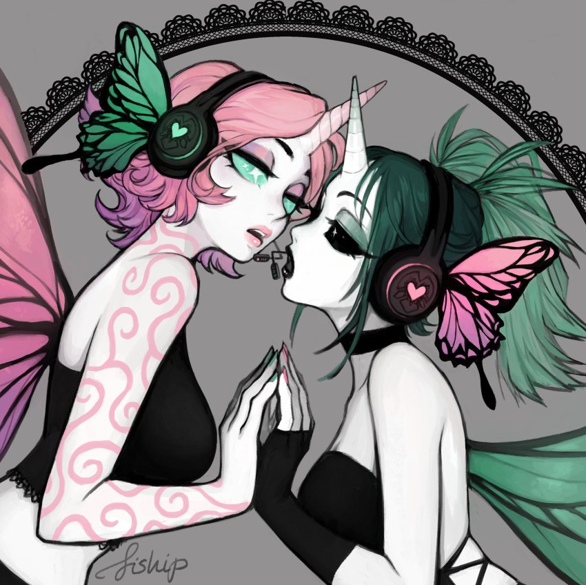 2girls absurdres artist_name bare_arms bare_shoulders black_choker black_gloves black_lips black_sclera blingee_(matilda_fiship) breasts butterfly_wings choker colored_sclera colored_skin commentary cosplay derivative_work english_commentary eye_contact eyeshadow fingerless_gloves from_side gloves green_eyeshadow green_hair green_nails green_sclera grey_background hatsune_miku hatsune_miku_(cosplay) heart highres horns insect_wings lipstick looking_at_another magnet_(vocaloid) makeup matilda_fiship medium_breasts medium_hair megurine_luka multiple_girls nail_polish no_pupils original pink_eyeshadow pink_hair pink_lips pink_nails ponytail shoulder_tattoo simple_background single_horn tattoo upper_body vocaloid white_skin wings yuri