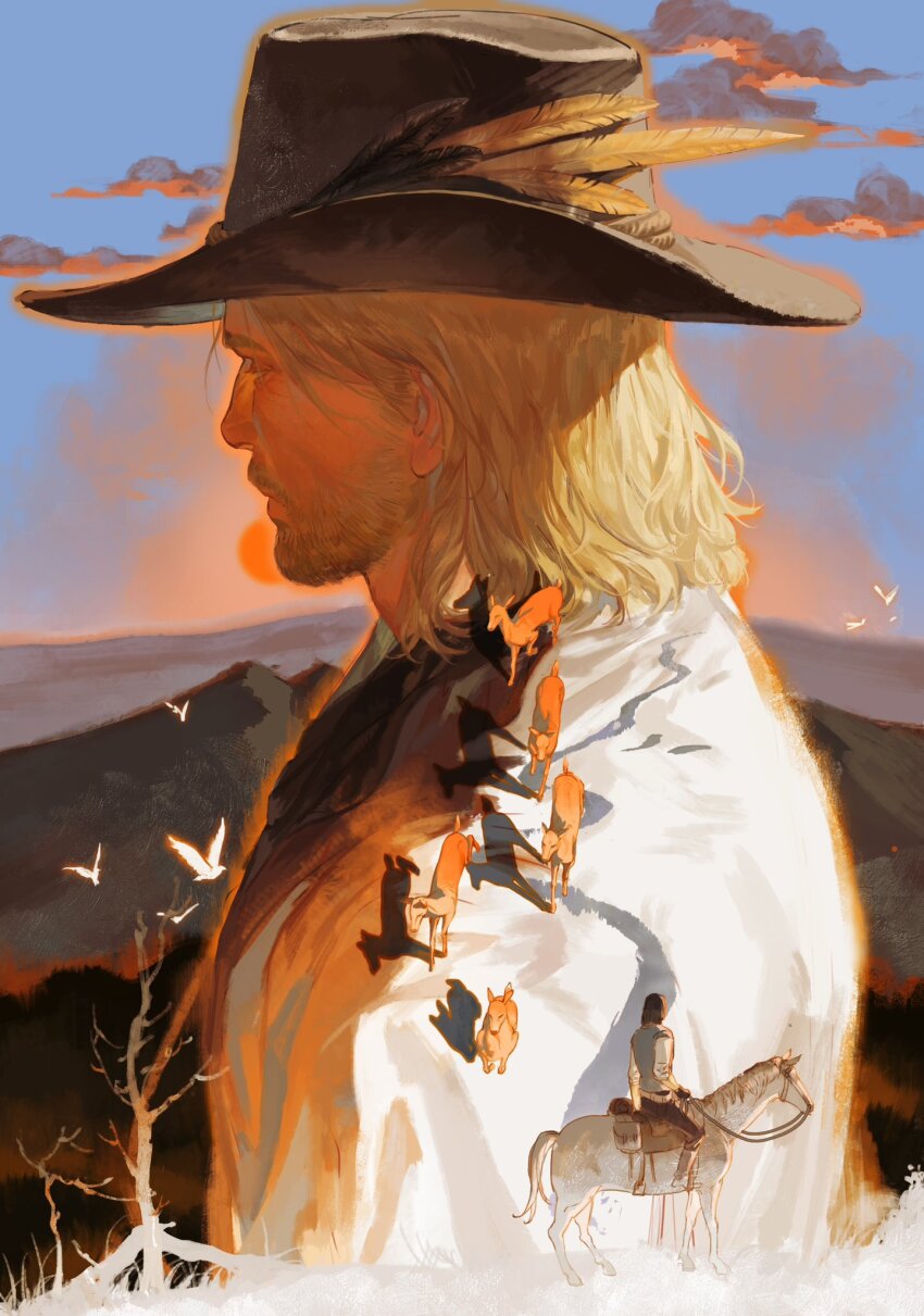 2boys animal arthur_morgan bare_tree beard bird black_gloves black_hair blonde_hair chinese_commentary cloud cloudy_sky cowboy_hat deer facial_hair gloves hat hat_feather highres horse horseback_riding john_marston male_focus medium_hair multiple_boys profile qi_dongye_yu red_dead_redemption_(series) red_dead_redemption_2 riding river saddle shadow sky sunset tree