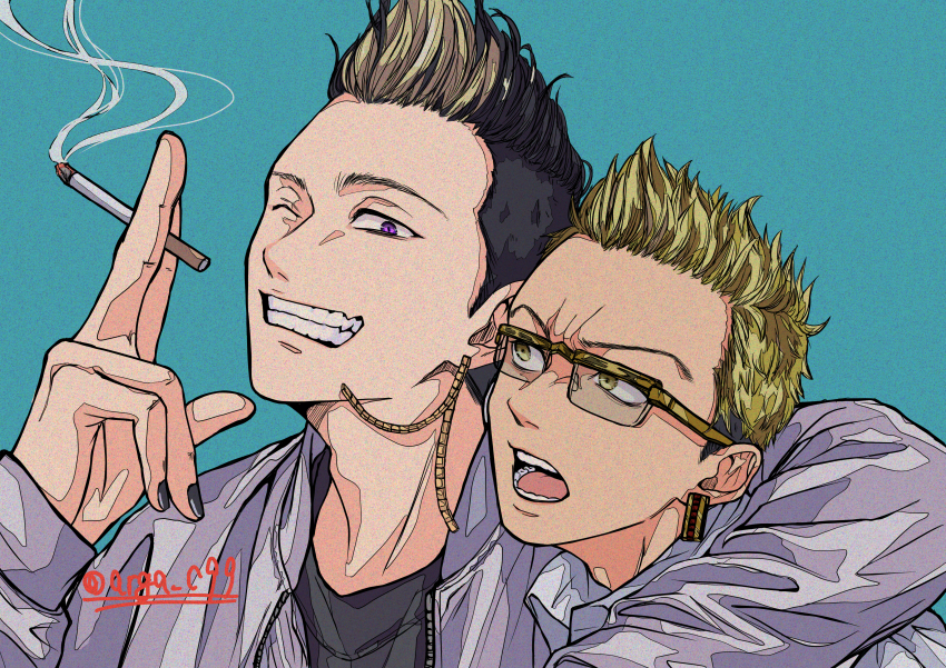 2boys absurdres arm_around_shoulder artist_name black_hair black_nails black_shirt blonde_hair cigarette commentary_request earrings fingernails grin hand_up hanma_shuuji highres holding holding_cigarette jacket jewelry kisaki_tetta long_sleeves looking_at_another looking_at_viewer male_focus multicolored_hair multiple_boys nail_polish one_eye_closed open_clothes open_jacket open_mouth over-rim_eyewear purple_eyes rectangular_eyewear semi-rimless_eyewear shirt short_hair single_earring smile smoke spiked_hair teeth tokyo_revengers tongue twitter_username undercut upper_body v-shaped_eyebrows wakattenaiyo_36 white_jacket yellow_eyes