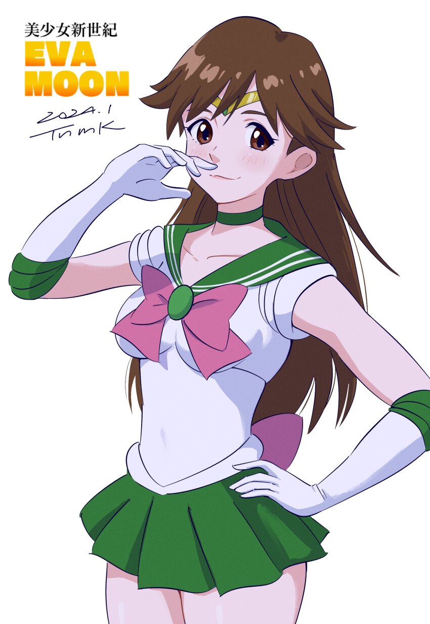 1girl absurdres back_bow bishoujo_senshi_sailor_moon bow brown_eyes brown_hair choker cosplay dated elbow_gloves evangelion:_3.0+1.0_thrice_upon_a_time gloves green_choker green_sailor_collar green_skirt hand_on_own_face hand_on_own_hip highres kino_makoto long_hair looking_at_viewer magical_girl miniskirt neon_genesis_evangelion pleated_skirt rebuild_of_evangelion sailor_collar sailor_jupiter sailor_jupiter_(cosplay) sailor_senshi_uniform simple_background skirt suzuhara_sakura tiara tsunemoku white_background