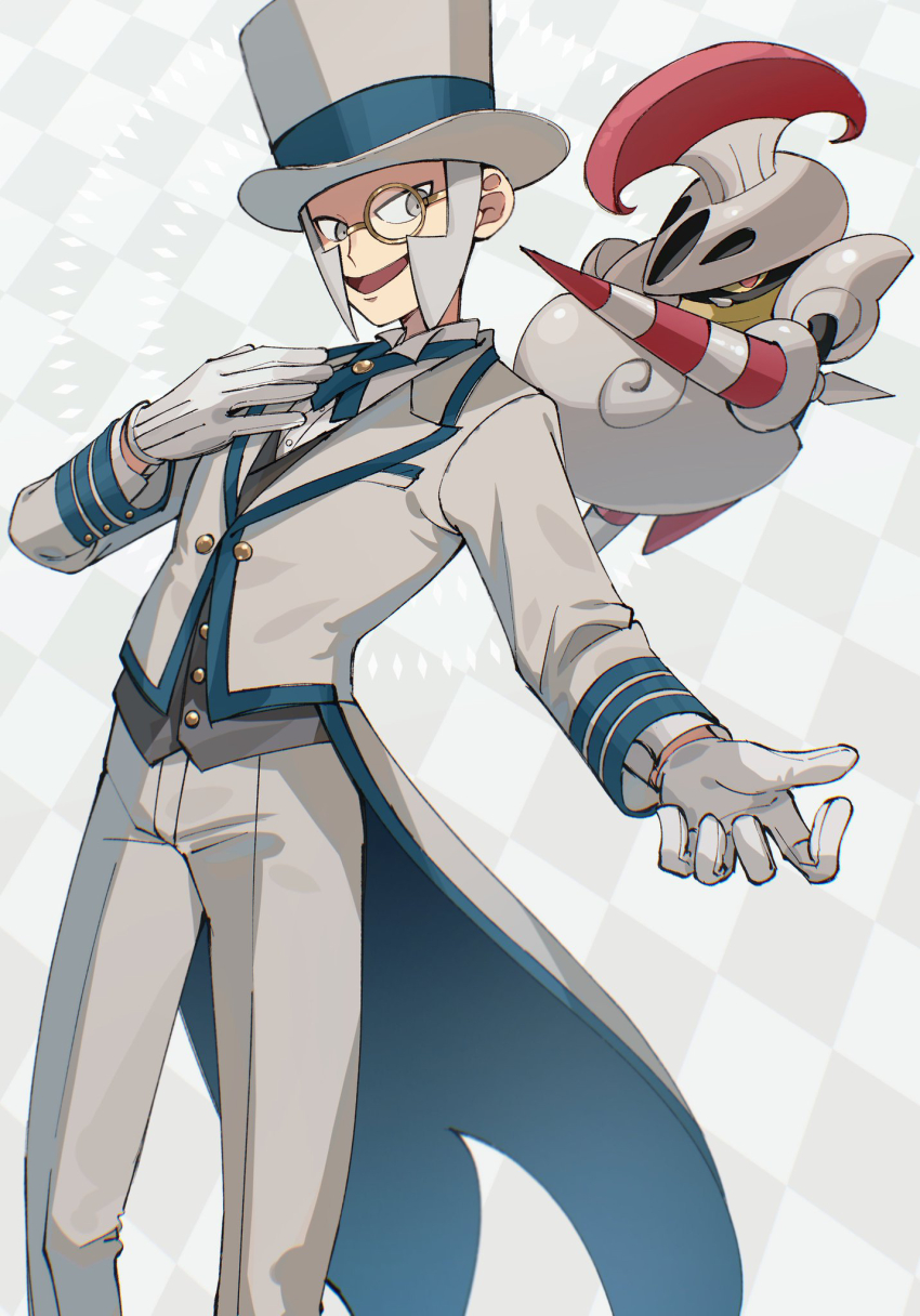 black_vest bug butler collared_shirt emmet_(pokemon) emmet_(special_costume)_(pokemon) escavalier fang formal_clothes gen_5_pokemon glass gloves grey_background grey_eyes grey_hair grey_pants grey_suit hand_on_own_chest hat helmet highres lance monocle nintendo official_alternate_costume open_mouth pants pokemon pokemon_(creature) pokemon_masters_ex polearm reaching reaching_towards_another red_eyes sankakuzirusis shell shirt short_hair sideburns smile snail_shell suit tailcoat top_hat vest weapon white_gloves white_shirt