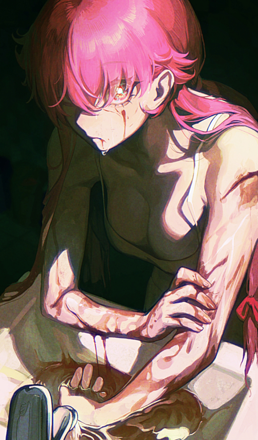 1girl blood_on_mouth breasts cleavage closed_mouth dress gasai_yuno gootai hair_ribbon highres injury large_breasts long_hair long_sidelocks mirai_nikki pink_hair red_ribbon ribbon sidelocks solo upper_body water white_dress