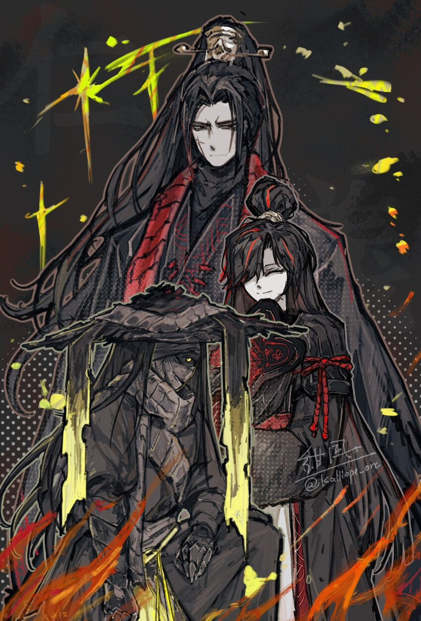 1boy 2girls bandaged_head bandages black_background black_eyes black_gloves black_hair black_hanfu blood blood_stain canvas_texture chinese_clothes closed_eyes covered_mouth cowboy curtained_hair embers fire gloves grey_scarf hair_bun hair_ornament halftone hand_fan hand_on_own_leg hanfu hat high_ponytail highres holding holding_fan jacket jacket_on_shoulders jia_qiu_(project_moon) kalliope_orc limbus_company multicolored_hair multiple_girls one_eye_covered partially_shaded_face ponytail project_moon red_scarf red_streaks red_trim ribbon rope_around_arm rope_belt scar scar_on_face scarf serious smile sparkle squatting straw_hat streaked_hair western yellow_eyes yellow_ribbon zigong_(project_moon) zilu_(project_moon)