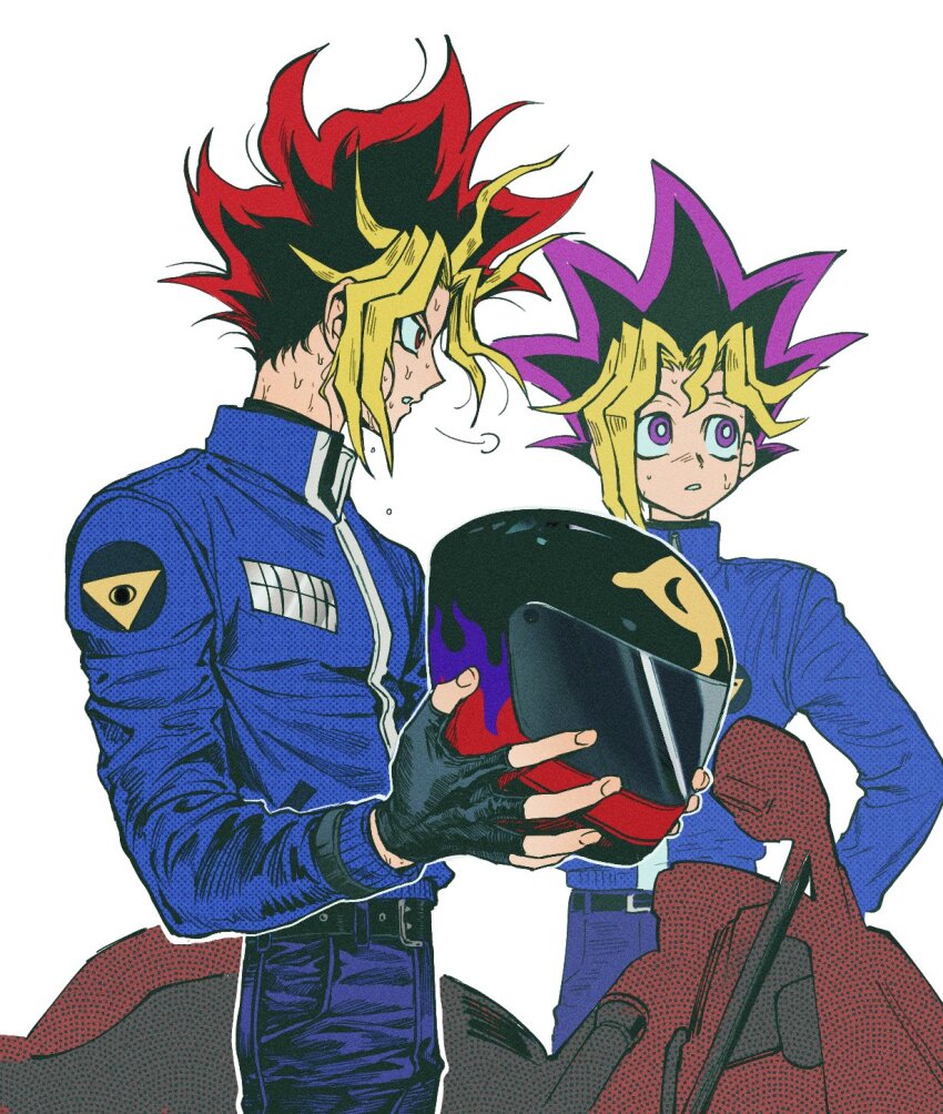 2boys black_hair blonde_hair blue_jacket blue_pants cowboy_shot denim from_side helmet highres holding holding_helmet jacket male_focus medium_hair motor_vehicle motorcycle motorcycle_helmet multicolored_hair multiple_boys muto_yugi pants profile purple_eyes purple_hair red_eyes red_hair simple_background spiked_hair sweat unworn_headwear unworn_helmet white_background yami_yugi ygogy55 yu-gi-oh! yu-gi-oh!_duel_monsters