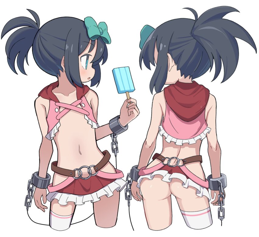 1girl black_hair blue_eyes blush bow clothing_cutout cuffs flat_chest frilled_jacket frills hair_bow highres hip_vent jacket kunihiro_hajime loli long_hair multiple_views navel no_panties ponytail qusouzu_mogari revealing_clothes saki_(manga) shiny_skin simple_background single_thighhigh skirt standing thighhighs white_background