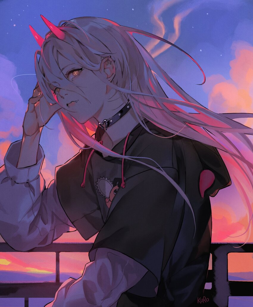 1girl absurdres against_railing backlighting black_hoodie blonde_hair blue_sky chainsaw_man collar cross-shaped_pupils ear_piercing evening fang floating_hair hair_between_eyes highres hood hoodie horns kamui_(kurohshiro1) long_hair looking_at_viewer multiple_piercings piercing power_(chainsaw_man) railing red_eyes red_horns sideways_glance sky solo symbol-shaped_pupils white_sleeves