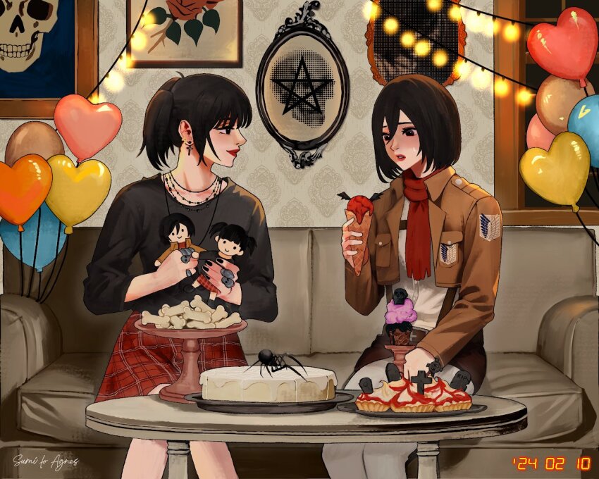 2girls alternate_universe balloon black_hair black_nails black_shirt blush brown_jacket bug couch cropped_jacket cross cross_earrings cupcake dated dual_persona earrings fairy_lights food goth_fashion hair_between_eyes heart_balloon holding holding_ice_cream_cone ice_cream_cone jacket jewelry long_sleeves mikasa_ackerman multiple_girls multiple_necklaces nail_polish panties parted_lips pentagram picture_frame plaid_clothes plaid_skirt red_lips red_scarf red_skirt scarf shingeki_no_kyojin shirt sitting skirt skull spider stuffed_toy sumiensp survey_corps_(emblem) twintails underwear white_panties white_shirt