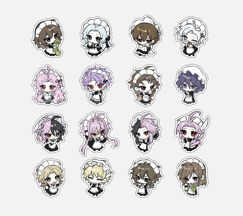 1girl 6+boys absurdres alternate_costume antenna_hair apron asymmetrical_legwear black_dress black_eyes black_hair black_ribbon black_shoes black_skirt blonde_hair blue_eyes blue_hair brown_hair chibi chibi_only chinese_commentary closed_eyes closed_mouth collared_shirt commentary_request crossdressing curtained_hair dark_blue_hair dita_iliner donut dress earrings enmaided enomoto_noa feather_hair_ornament feathers food frilled_apron frilled_dress frills frown green_eyes green_shirt grey_background grey_hair hair_between_eyes hair_ornament haoe_(157876) harada_minoru harada_mutei hatsutori_hajime highres holding holding_food holding_lantern isoi_haruki isoi_reiji jabuchi_you jewelry kanou_aogu lantern light_blue_hair long_hair long_sleeves maid maid_apron maid_headdress male_maid medium_hair multicolored_hair multiple_boys mutsushika_misumi nanami_izu nijou_ryuu one_eye_closed outline parted_bangs patchwork_skin pink_hair purple_hair red_eyes ribbon saibou_shinkyoku scar scar_on_face scar_on_forehead semi-rimless_eyewear shinano_eiji shirt shoes short_hair short_hair_with_long_locks simple_background skirt smile split-color_hair theodore_riddle trap two-tone_hair uneven_legwear utsugi_noriyuki white_apron white_outline x_hair_ornament