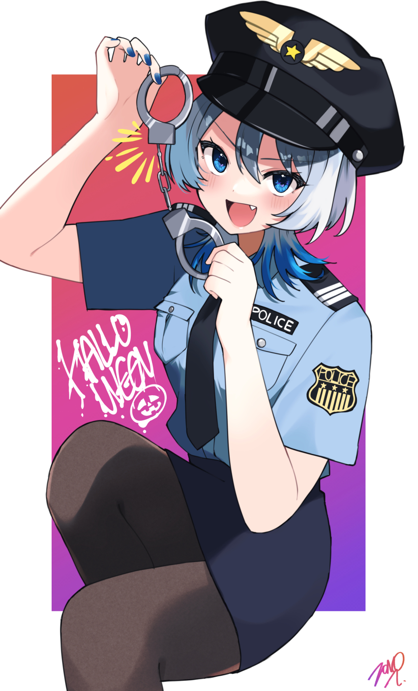 1girl :d absurdres black_hat black_necktie blue_eyes blue_hair blue_nails blue_shirt blush breasts commentary_request cuffs epaulettes feet_out_of_frame fingernails gradient_hair grey_hair grey_pantyhose halloween halloween_costume handcuffs hat highres holding holding_handcuffs invisible_chair looking_at_viewer medium_breasts medium_hair multicolored_hair necktie open_mouth original pantyhose peaked_cap police police_uniform policewoman shirt short_sleeves sitting smile solo v-shaped_eyebrows wolf_cut zono_(inokura_syuzo029)