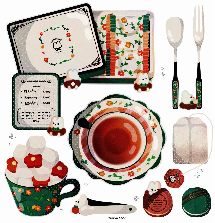 artist_name commentary cup drink food fork highres macaron marshmallow moyaco mug no_humans original saucer spoon symbol-only_commentary tea teabag teacup tongs