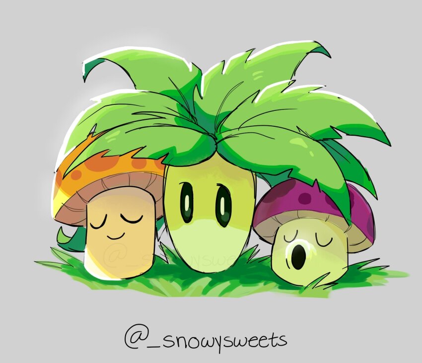 artist_name closed_eyes grass grey_background highres no_humans plants_vs._zombies puff-shroom_(plants_vs._zombies) simple_background snowysweets sun-shroom_(plants_vs._zombies) umbrella_leaf_(plants_vs_zombies)