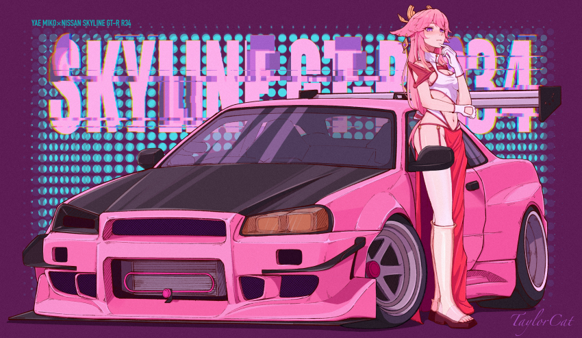 1girl absurdres artist_name blush boots breasts car cleavage cleavage_cutout clothing_cutout earrings feet genshin_impact gloves hair_ears hair_ornament highres jewelry long_hair looking_at_viewer medium_breasts motor_vehicle nail_polish navel open-toe_shoes pink_hair purple_eyes sandals shirt solo stomach taylorcat toenail_polish toenails vision_(genshin_impact) white_gloves yae_miko