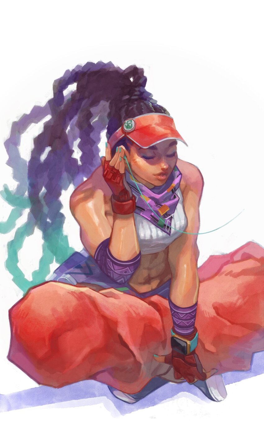 1girl abs aqua_hair aqua_nails arm_between_legs arm_up armband baggy_pants bandana bandana_around_neck bare_shoulders black_hair closed_eyes closed_mouth colored_tips commentary_request crop_top dark-skinned_female dark_skin dreadlocks earbuds earphones fingerless_gloves gloves hat highres indian_style kimberly_jackson long_hair marumaru1902 midriff multicolored_hair nail_polish official_alternate_costume pants purple_armband red_gloves red_hat red_pants simple_background sitting solo street_fighter street_fighter_6 toned toned_female very_long_hair visor_cap watch white_background wristwatch