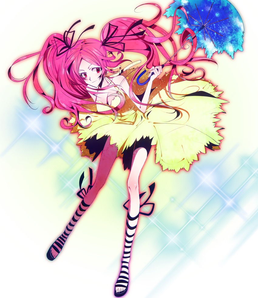 1girl bad_id bad_pixiv_id breasts cleavage cougar cross-laced_footwear dress female_focus full_body gradient_background highres lace-up_heels legs long_hair medium_breasts pink_eyes pink_hair shiki_(novel) shimizu_megumi smile solo twintails umbrella