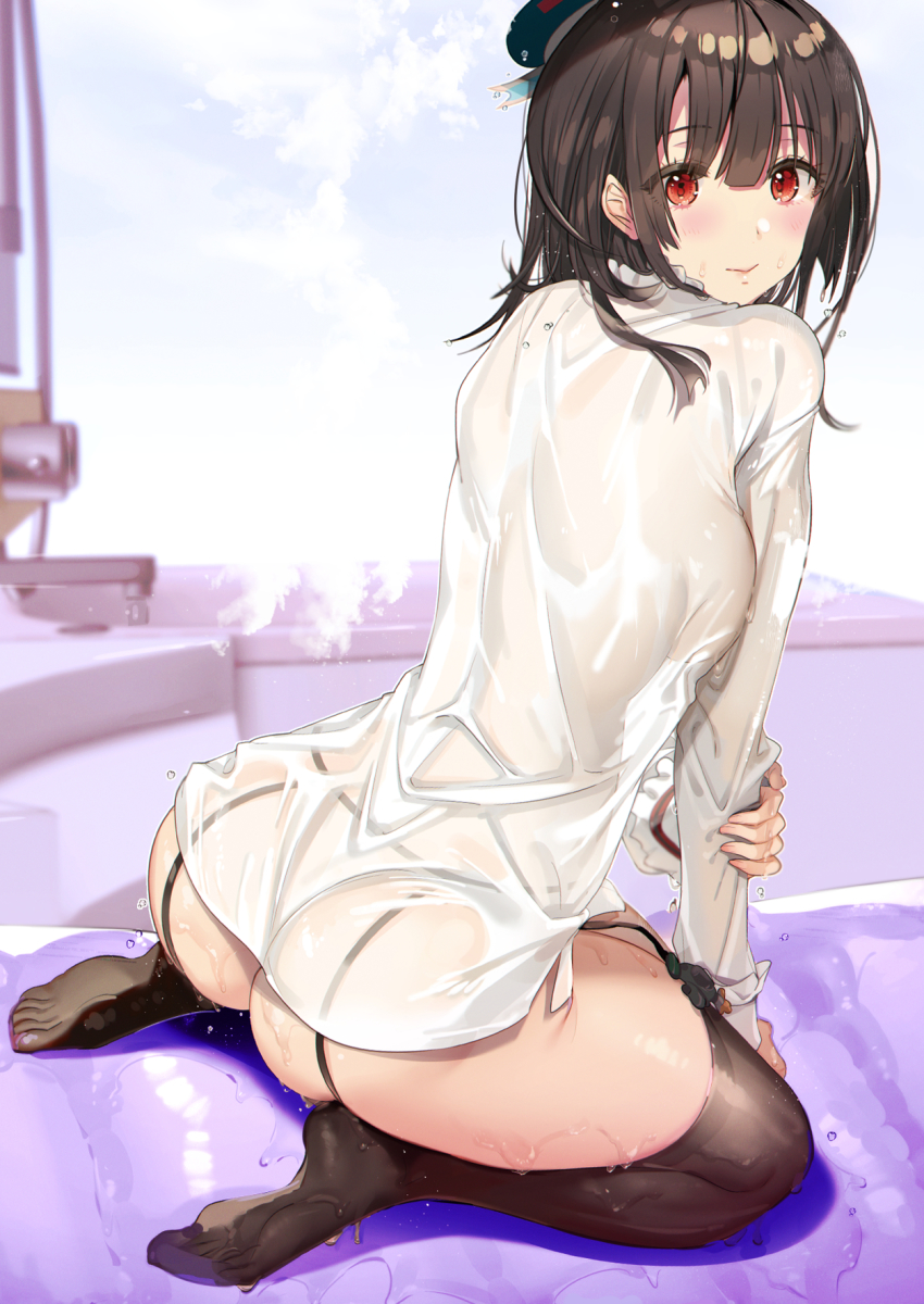 1girl ass beret black_hair black_thighhighs blouse blue_hat blush closed_mouth from_behind hat hayakawa_akari highres kantai_collection long_sleeves looking_at_viewer red_eyes see-through_clothes see-through_shirt shirt short_hair sitting solo takao_(kancolle) thighhighs wariza wet wet_clothes wet_legwear wet_shirt white_shirt