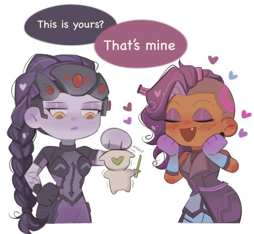2girls :d assault_visor asymmetrical_legwear blush bodysuit brown_eyes cable_hair chibi closed_eyes closed_mouth colored_skin cowboy_shot cyborg deformed elbow_gloves english_text fang genji_(overwatch) gloves hand_on_own_hip happy heart highres holding holding_mini_person holding_sword holding_weapon jacket kaiwankon long_hair mechanical_head mini_person mole mole_under_eye multiple_girls open_mouth overwatch plug_(piercing) purple_bodysuit purple_gloves purple_hair purple_jacket purple_skin simple_background smile sombra_(overwatch) speech_bubble sword talking trembling undercut weapon white_background widowmaker_(overwatch)