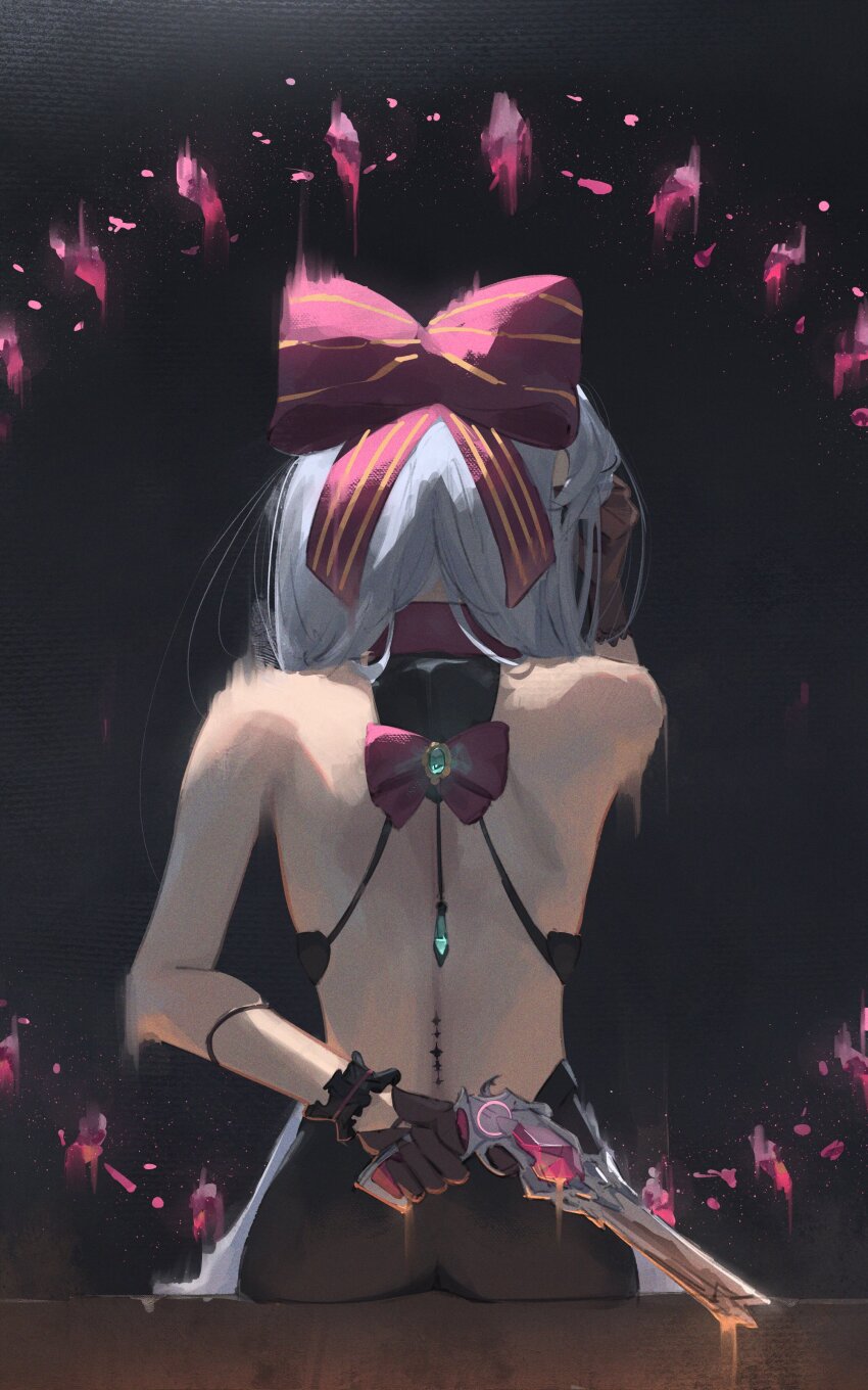 1girl absurdres back bare_shoulders black_hair black_shorts bow carlotta_(wuthering_waves) commentary eien_001 from_behind gun hair_bow hand_up highres holding holding_behind_back holding_gun holding_weapon long_hair no_jacket pink_bow shorts shoulder_blades sitting solo striped_bow tacet_mark_(wuthering_waves) weapon white_hair wuthering_waves