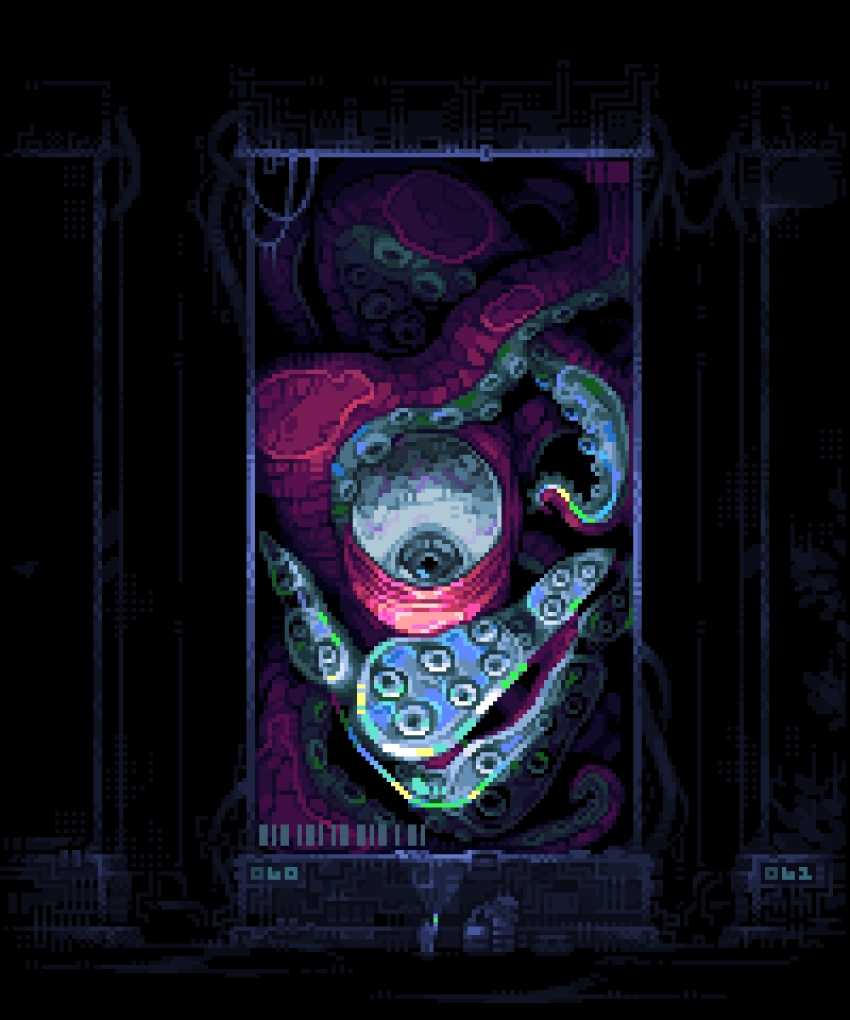 1other absurdres creature encasement eyeball flashlight glass highres holding holding_flashlight horror_(theme) looking_at_another mini_person museum original pixel_art spotlight standing tentacles ventiquepxl wide-eyed