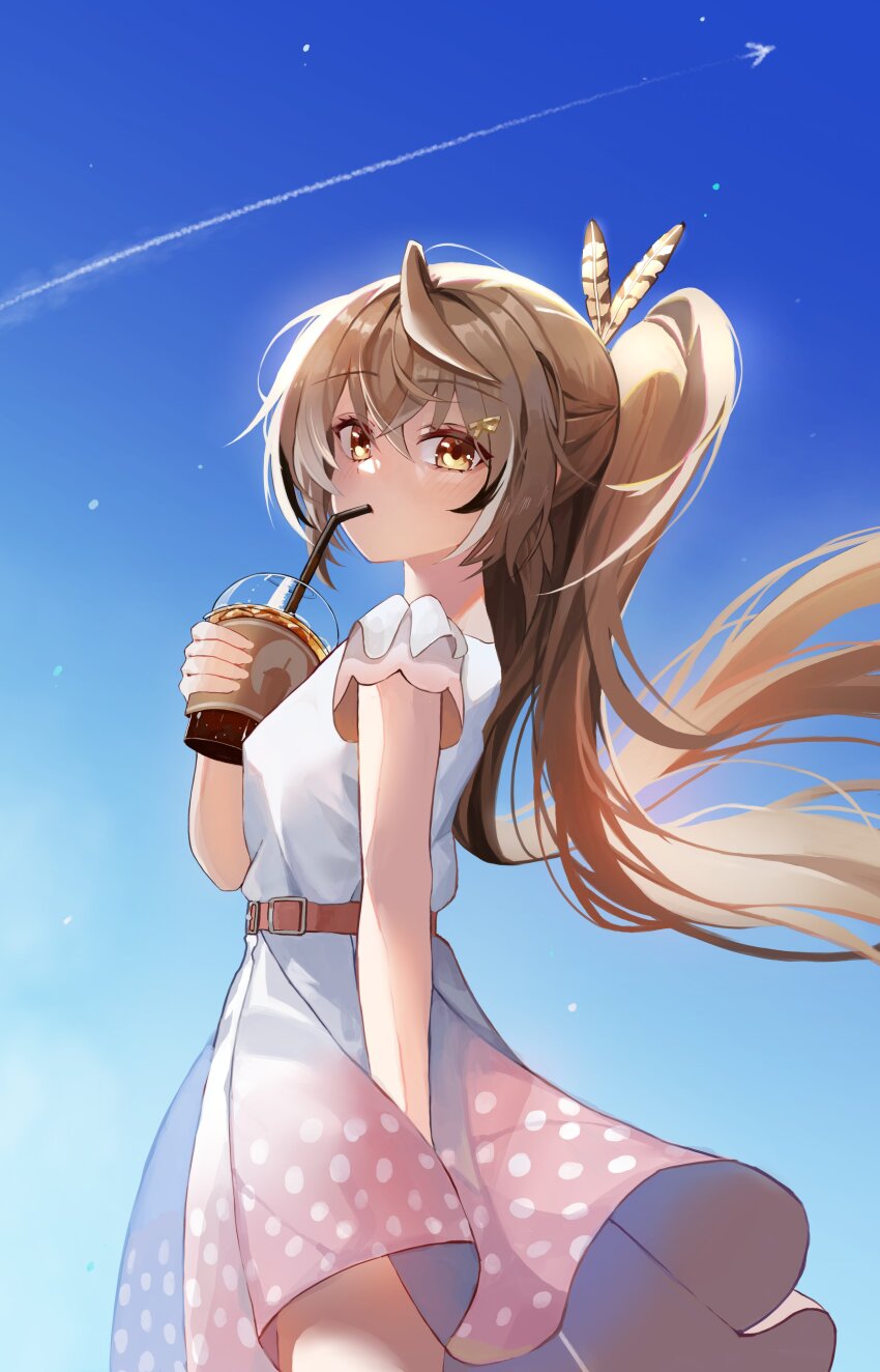 1girl absurdres ahoge aircraft airplane alternate_costume belt blue_sky brown_eyes brown_hair coffee cup disposable_coffee_cup disposable_cup dress drinking feather_hair_ornament feathers frappuccino frilled_sleeves frills gradient_clothes gradient_dress hair_ornament hairclip highres holding holding_cup hololive hololive_english jet light_particles long_hair looking_at_viewer multicolored_hair nanashi_mumei naseul_777 pink_dress polka_dot polka_dot_dress ponytail short_sleeves sky streaked_hair sundress very_long_hair virtual_youtuber white_dress wind wind_lift