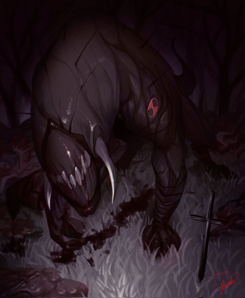 ben_10 blood cross facing_viewer grass highres horror_(theme) mobzeroone monster no_eyes sharp_teeth teeth tree wildmutt