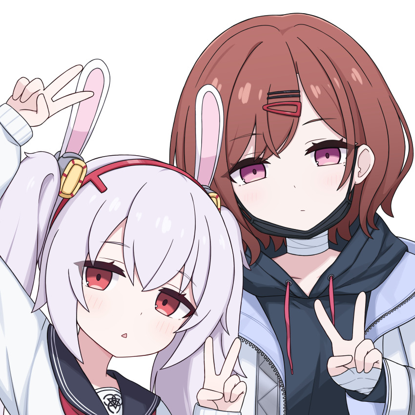 2girls absurdres animal_ears arm_up azur_lane bandaged_hand bandaged_neck bandages black_hoodie black_mask black_sailor_collar blue_archive cardigan chestnut_mouth closed_mouth collarbone commentary cosplay crossover double_v drawstring english_commentary fake_animal_ears hair_ornament hairband hairclip highres higuchi_madoka hood hooded_jacket hoodie idolmaster idolmaster_shiny_colors jacket laffey_(azur_lane) long_sleeves mask misaki_(blue_archive) misaki_(blue_archive)_(cosplay) mouth_mask multiple_girls naganawa_maria natsu_(blue_archive) natsu_(blue_archive)_(cosplay) neckerchief open_clothes open_jacket open_mouth rabbit_ears red_eyes red_hairband red_neckerchief sailor_collar school_uniform serafuku short_hair sidelocks simple_background surgical_mask trait_connection tsuchiya_rio twintails unworn_mask v voice_actor_connection white_background white_cardigan white_hair white_jacket zddma20