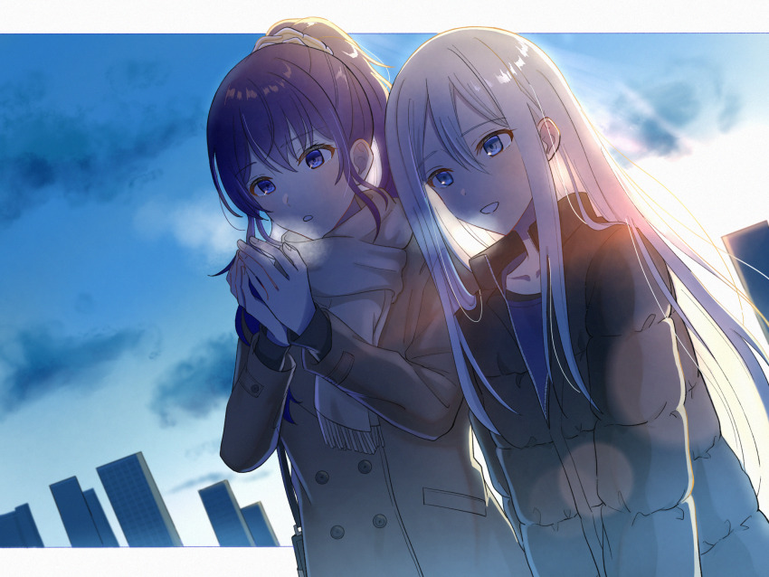 2girls aose_(aose_pp) asahina_mafuyu backlighting black_shirt blue_eyes blue_shirt blue_sky brown_jacket building buttons collarbone commentary_request day double-breasted double-parted_bangs down_jacket dutch_angle fingernails grey_hair grey_scarf grin hair_between_eyes hair_ornament hair_scrunchie hands_up heavy_breathing high_ponytail highres jacket layered_sleeves letterboxed long_hair long_sleeves looking_ahead looking_at_hands multiple_girls outside_border parted_lips partially_unzipped ponytail project_sekai puffy_long_sleeves puffy_sleeves purple_eyes purple_hair scarf scrunchie shirt side-by-side sidelocks sky smile smoke straight_hair upper_body v_arms very_long_hair yellow_scrunchie yoisaki_kanade