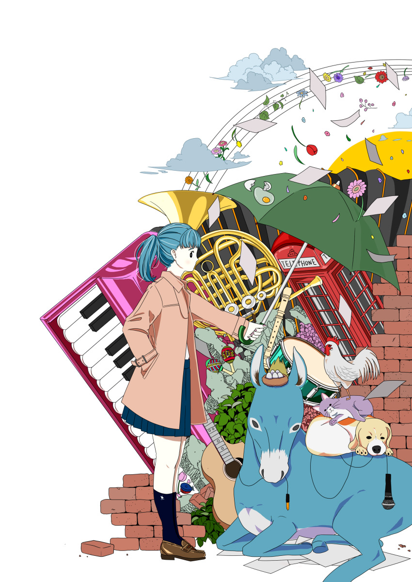 1girl absurdres acoustic_guitar animal animal_print ankle_socks aqua_flower aqua_hair bad_id bad_pixiv_id bird black_eyes black_socks blue_skirt blush brick brick_wall broken_egg brown_shoes cable cat chicken cloud daisy_(flower) dog donkey drum egg egg_(food) flower flute food french_horn from_side green_umbrella guitar hand_in_pocket highres holding holding_umbrella instrument jacket keyboard_(instrument) long_hair long_sleeves maracas marigold microphone microphone_cord mouth_hold nest orange_flower original paper petals phone_booth pink_flower pleated_skirt print_clothes print_socks profile purple_flower recorder red_flower rooster shoes simple_background skirt socks solo standing tan_jacket town_musicians_of_bremen tulip umbrella white_background wide_shot yoshimon