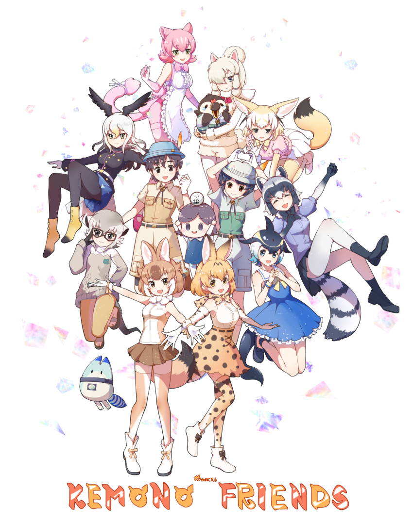1boy 6+girls alpaca_suri_(kemono_friends) animal_ears animal_print bald_eagle_(kemono_friends) bare_shoulders bird_girl black_hair blonde_hair blowhole blue_eyes blue_hair blue_shirt blush bow bowtie breasts brown_eyes brown_hair captain_(kemono_friends) cetacean_tail common_dolphin_(kemono_friends) common_raccoon_(kemono_friends) dhole_(kemono_friends) dog_ears dog_girl dog_tail dolphin_girl dorsal_fin dress extra_ears fennec_(kemono_friends) fins fish_tail fox_ears fox_tail fur_collar glasses gloves grey_hair hat_feather head_fins high-waist_skirt highres jacket japari_symbol kemono_friends kemono_friends_3 long_sleeves looking_at_viewer lucky_beast_(kemono_friends) meerkat_(kemono_friends) meerkat_ears meerkat_tail multicolored_hair multiple_girls natuki_takumi open_mouth orange_bow orange_bowtie peach_panther_(kemono_friends) pink_sweater print_bow print_bowtie print_gloves print_skirt raccoon_ears raccoon_girl raccoon_tail safari_jacket sailor_collar serval_(kemono_friends) shirt short-sleeved_sweater short_hair short_sleeves skirt sleeveless sleeveless_shirt smile striped_tail sweater tail thighhighs two-tone_bow two-tone_bowtie two-tone_hair two-tone_sweater white_bow white_bowtie white_hair yellow_bow yellow_bowtie yellow_thighhighs