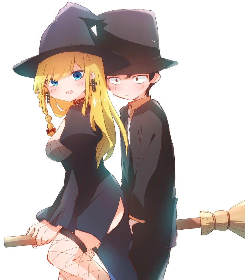 1boy 1girl alice_lendrott alternate_costume black_dress black_hair black_hat black_jacket black_pants black_suit blonde_hair blue_eyes blush bocchan_(shinigami_bocchan_to_kuro_maid) broom broom_riding closed_mouth commentary_request cross cross_earrings dress earrings fishnet_thighhighs fishnets formal_clothes from_side hat highres jacket jewelry long_hair looking_at_viewer nyaa_(nnekoron) open_mouth pants shinigami_bocchan_to_kuro_maid short_dress short_hair simple_background smile suit suit_jacket thighhighs top_hat white_background witch_hat