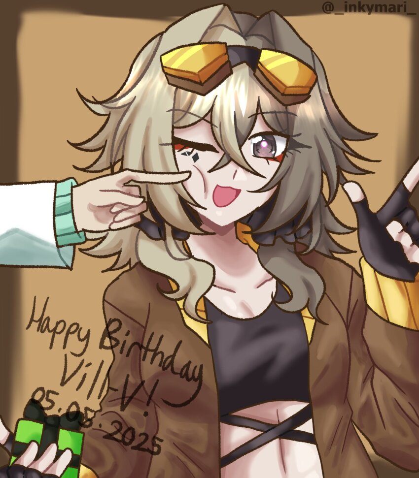2girls black_gloves box breasts brown_background brown_hair brown_jacket cheek_poking cleavage coat crop_top dated fingerless_gloves gift gift_box gloves goggles goggles_on_head grey_eyes hair_intakes happy_birthday highres holding holding_gift honkai_(series) honkai_impact_3rd inkymari jacket lab_coat large_breasts medium_hair midriff missing_commentary mobius_(honkai_impact) multiple_girls one_eye_closed open_mouth poking twitter_username upper_body vill-v white_coat