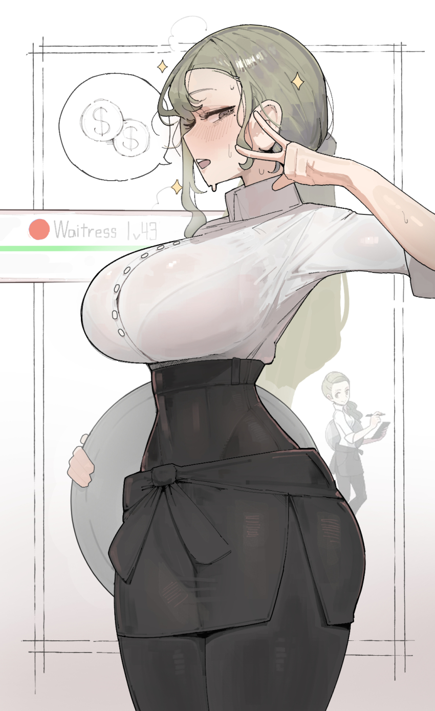 1girl apron azz0422 black_apron black_pantyhose black_skirt blonde_hair blush bra breasts brown_eyes collared_shirt highres holding holding_tray large_breasts long_hair long_sleeves nintendo open_mouth pantyhose pokemon pokemon_xy ponytail see-through_clothes see-through_shirt shirt sideboob skirt solo sweat sweatdrop tray underwear v waitress waitress_(pokemon) white_shirt