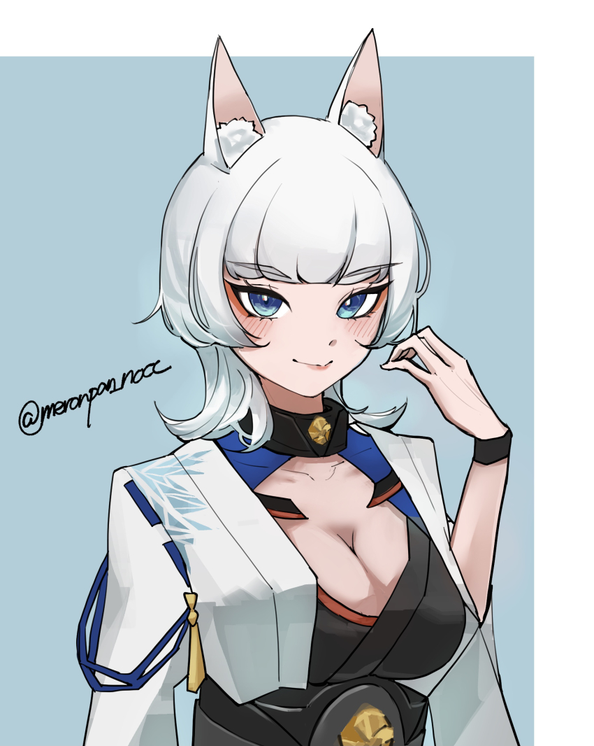 1girl alternate_hairstyle animal_ear_fluff animal_ears azur_lane blue_eyes breasts cleavage eyeliner eyeshadow fox_ears fox_girl highres japanese_clothes kaga_(azur_lane) kimono kitsune large_breasts makeup metal_belt nocturnal_melonpan sakuramon solo white_hair white_kimono