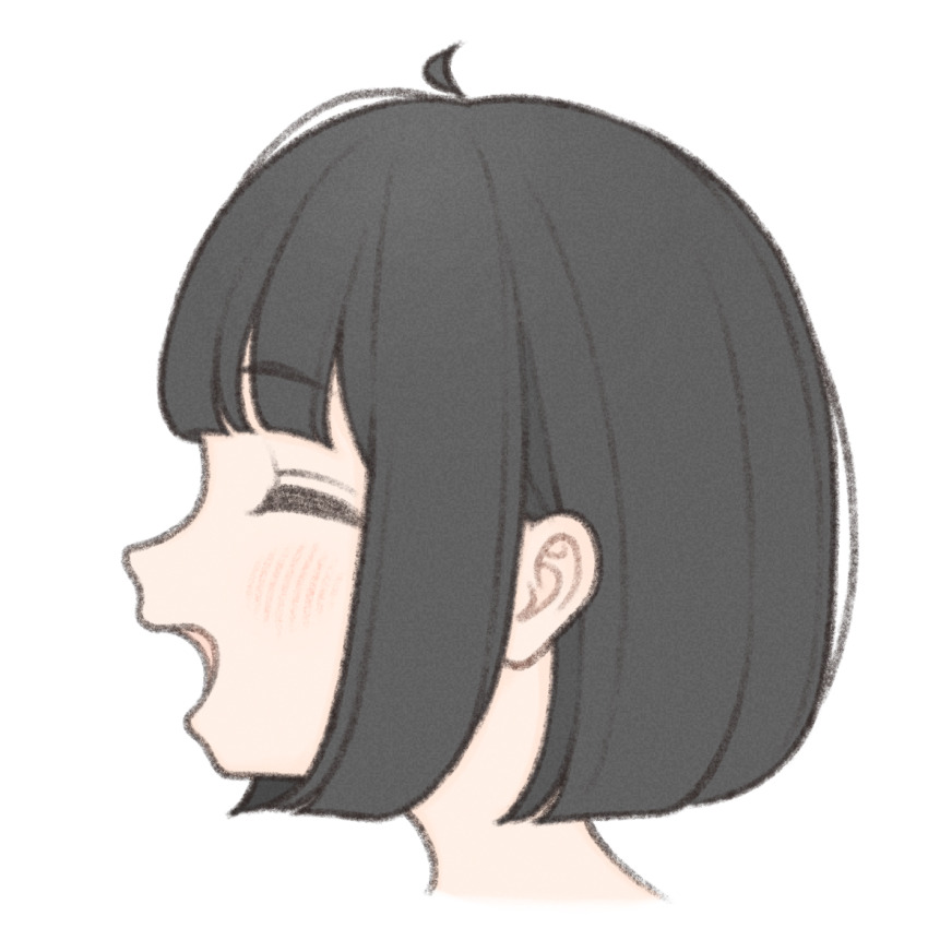 1girl 1ssakawaguchi ^_^ ahoge blunt_bangs blush bob_cut brown_hair closed_eyes from_side ichika_(1ssakawaguchi) open_mouth original short_hair simple_background smile solo upper_body white_background