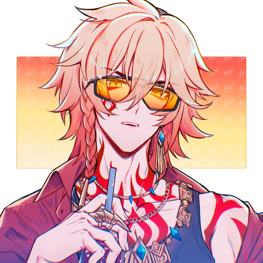 1boy black_shirt blonde_hair border braid breasts chest_tattoo claw_ring commentary earrings english_commentary facial_tattoo frown goggles gradient_background gradient_hair highres honkai:_star_rail honkai_(series) jewelry lowah male_focus medium_breasts multicolored_hair multiple_necklaces mydei_(honkai:_star_rail) open_mouth orange_background orange_hair red_shirt shirt simple_background single_earring single_off_shoulder solo tank_top tattoo teeth tinted_eyewear upper_body upper_teeth_only white_background yellow-tinted_eyewear yellow_background yellow_eyes