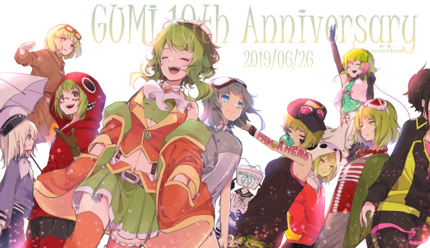 6+girls ama_no_jaku_(vocaloid) amulet animal_hood anniversary arm_up bead_necklace beads birthday black_shirt blowing_bubbles blue_eyes blush_stickers brown_gloves character_name chewing_gum closed_eyes commentary crop_top donut_hole_(vocaloid) echo_(vocaloid) expressionless eyewear_on_head glasses gloves goggles goggles_on_head green_eyes green_hair green_skirt gumi happy_synthesizer_(vocaloid) highres holding holding_umbrella hood hoodie jacket jewelry matryoshka_(vocaloid) midriff mozaik_role_(vocaloid) multiple_girls multiple_persona nail_polish navel necklace noushou_sakuretsu_girl_(vocaloid) orange_jacket orange_legwear orange_shirt panda_hero_(vocaloid) panda_hood red_eyes red_hoodie school_uniform shirt skeleton_print skirt smile songover television thighhighs twitter_username umbrella unworn_jacket vocaloid wanaxtuco white_shirt yi_er_fan_club_(vocaloid) yowamushi_mont-blanc_(vocaloid)