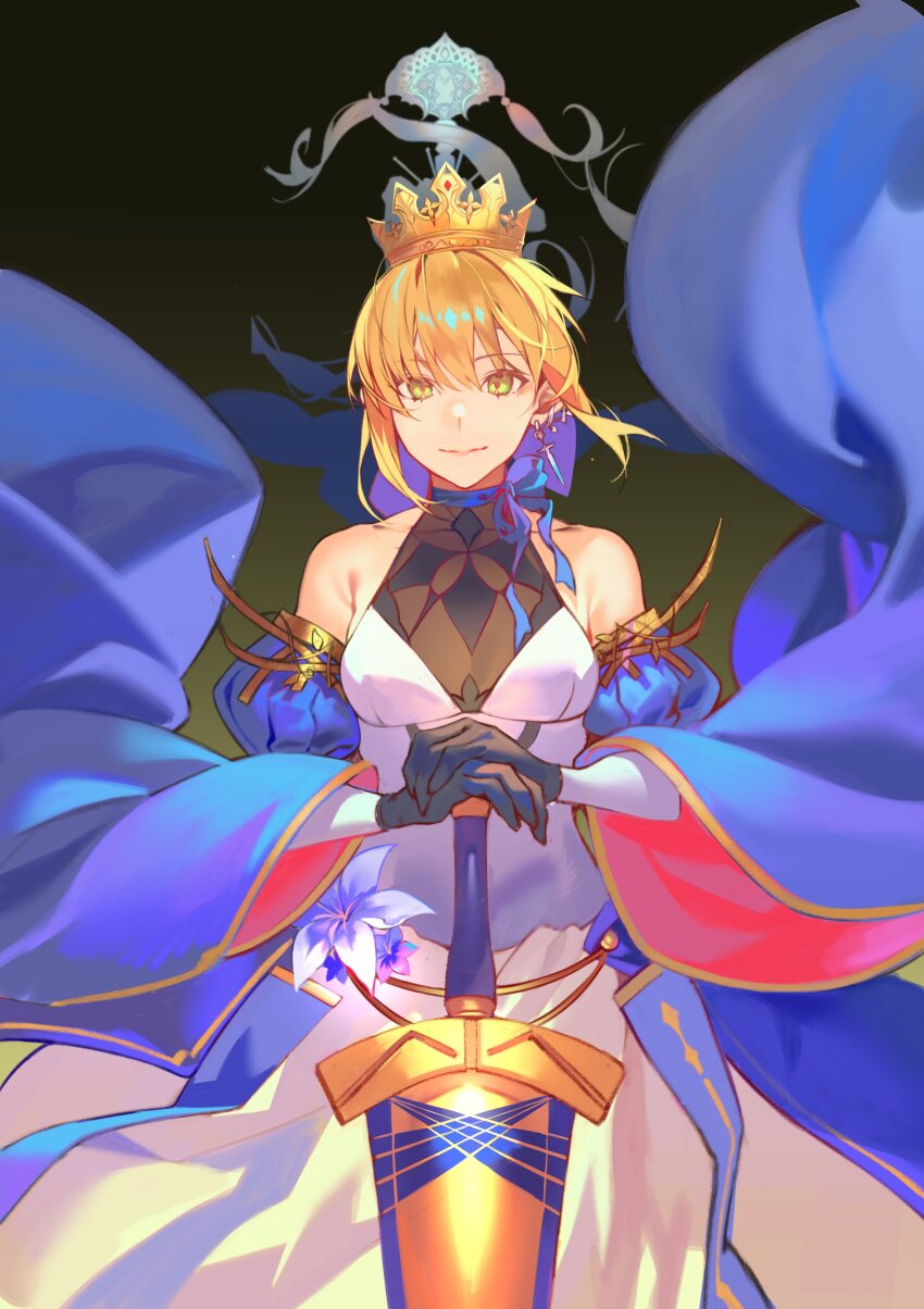 1girl absurdres artoria_caster_(fate) artoria_caster_(second_ascension)_(fate) artoria_pendragon_(fate) bird blonde_hair breasts crow crown dress excalibur_(fate/stay_night) fate/grand_order fate_(series) green_eyes highres hiro_(hirohiro_gorira) long_dress saber_(fate) small_breasts