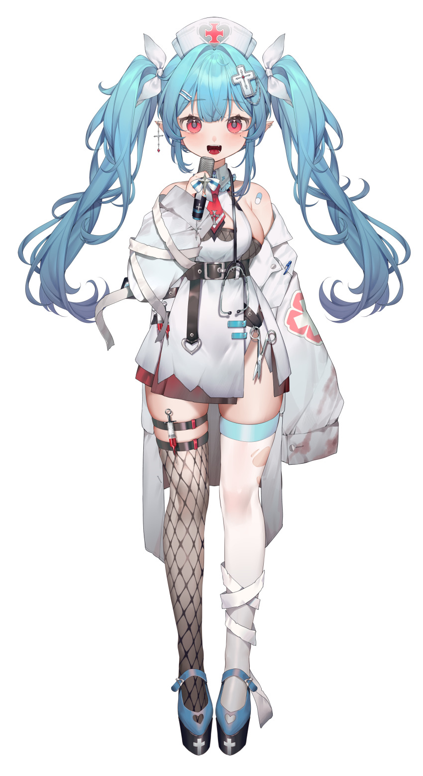 1girl :d absurdres asymmetrical_legwear bandaged_leg bandages bare_shoulders belt black_belt black_thighhighs blue_hair blue_nails blue_shoes bow breasts cleavage_cutout clothing_cutout coat collar collared_dress cross cross_earrings cross_hair_ornament cross_tattoo dress ear_piercing earrings fishnet_thighhighs fishnets frilled_collar frills full_body hair_bow hair_ornament hairclip hand_up hat highres holding holding_microphone id_card inori_(stardust_project) jewelry large_breasts long_hair long_sleeves looking_at_viewer mary_janes microphone mismatched_legwear moriyama_meiko music necktie nurse nurse_cap object_in_pocket off_shoulder official_art open_clothes open_coat open_mouth pen_in_pocket piercing pill_print platform_shoes pocket pointy_ears red_eyes red_necktie shoes short_dress shoulder_tattoo side_slit sideboob singing single_earring skindentation sleeveless sleeveless_dress sleeves_past_fingers sleeves_past_wrists smile solo standing stardust_project stethoscope straight-on surgical_scissors syringe tachi-e tattoo teeth thigh_strap thighhighs torn_clothes torn_thighhighs transparent_background twintails underbust virtual_youtuber white_bow white_coat white_dress white_thighhighs