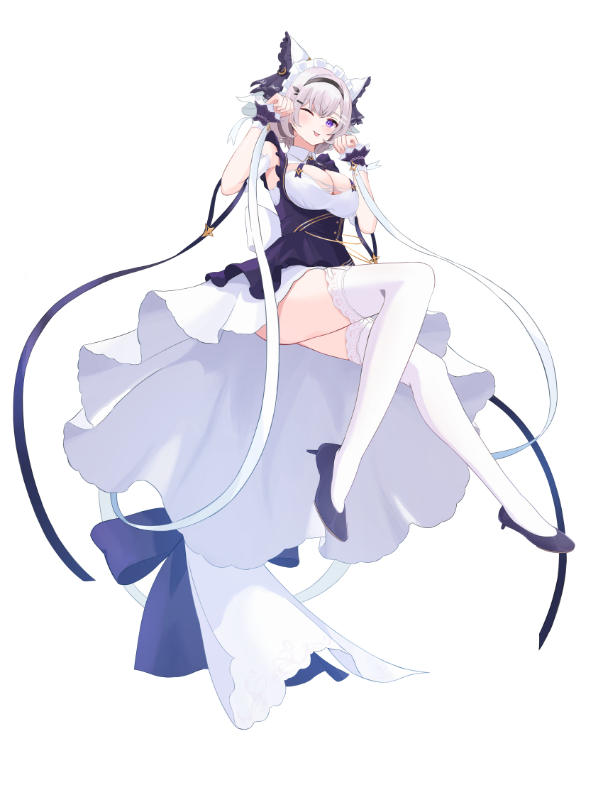 1girl ;p absurdres animal_ears apron azur_lane breasts cheshire_(azur_lane) cheshire_(azur_lane)_(cosplay) cleavage commission cosplay detached_sleeves dress fake_animal_ears frilled_hairband frills full_body garter_straps hairband highres lace lace-trimmed_thighhighs lace_trim large_breasts layered_dress long_dress long_ribbon maid_headdress one_eye_closed paw_pose pixiv_commission puffy_detached_sleeves puffy_sleeves purple_apron purple_eyes purple_shoes reno_(azur_lane) shoes short_hair simple_background solo thighhighs tongue tongue_out white_background white_garter_straps white_hair white_thighhighs yorikoto_hachiyo