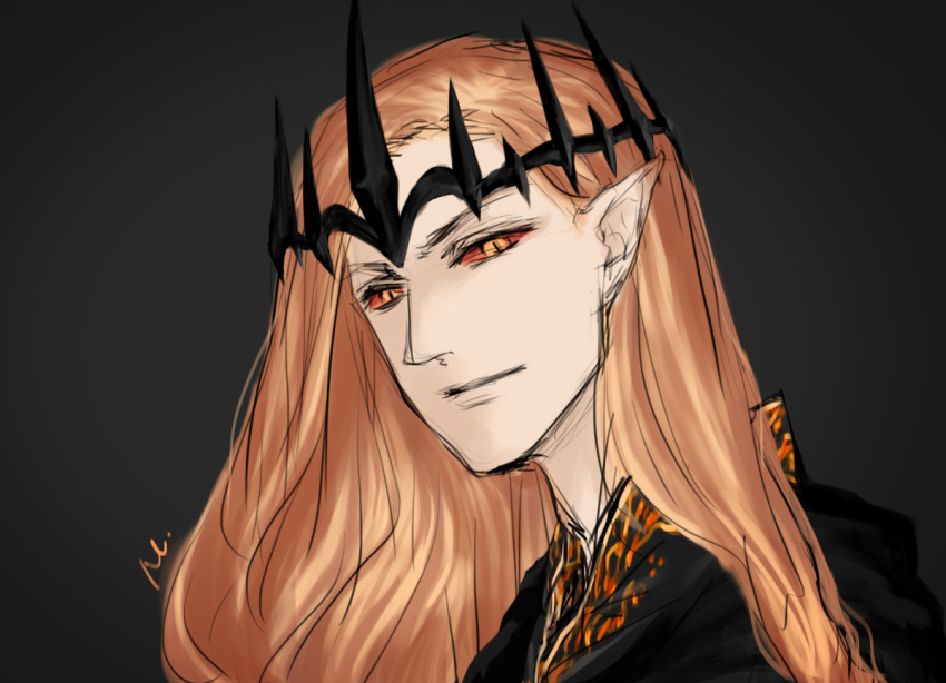 1boy closed_mouth collar crown long_hair looking_at_viewer male_focus morphym orange_eyes orange_hair pointy_ears red_eyes sauron slit_pupils solo the_silmarillion tolkien&#039;s_legendarium upper_body