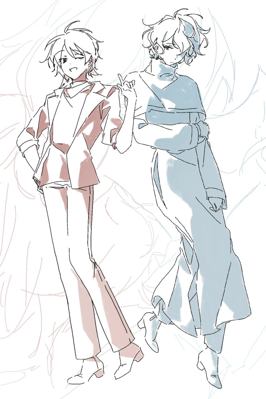 2boys ahoge capelet closed_mouth coat full_body hair_over_one_eye hand_on_own_arm harada_minoru high_heels highres jacket long_sleeves male_focus multiple_boys multiple_monochrome one_eye_closed open_clothes open_jacket open_mouth pants saibou_shinkyoku short_hair sketch smile utsugi100days utsugi_noriyuki