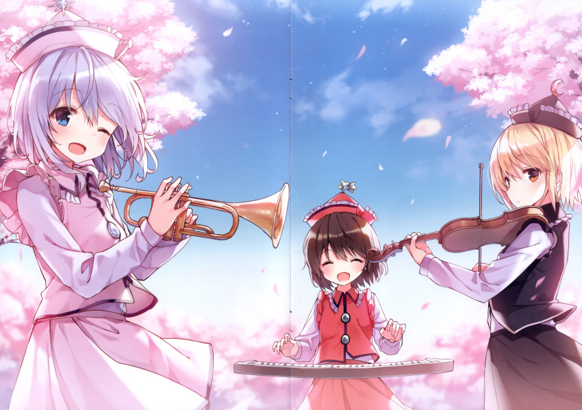 3girls absurdres black_headwear black_skirt black_vest blonde_hair blue_eyes blue_sky blush bow_(music) branch brown_hair buttons cherry_blossoms closed_eyes cloud cloudy_sky collared_vest crescent crescent_hat_ornament day frills hair_between_eyes hands_up hat hat_ornament highres holding holding_bow_(music) holding_instrument holding_trumpet holding_violin instrument long_sleeves looking_at_viewer lunasa_prismriver lyrica_prismriver merlin_prismriver multiple_girls music one_eye_closed open_mouth orange_eyes outdoors petals piano pink_headwear pink_skirt pink_vest playing_instrument playing_piano purple_hair red_headwear red_skirt red_vest shirt shnva short_hair siblings sisters skirt sky smile spring_(season) standing star_(symbol) star_hat_ornament sun_hat_ornament teeth touhou tree trumpet vest violin white_shirt